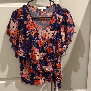 Westport Floral Ruffle Sleeve Blouse - Blue and Pink Size XL 8009